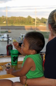 Birthday boy 3-year-old Eli Fellows cheers on the Street-Stocks at Crystal Motor Speedway.