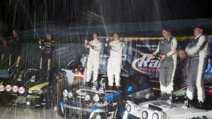 L'Estage/Clarke, Higgins/Drew, and O'Sullivan/Putnam all celebrate with a champagne spray at the conclusion of Sno*Drift 2014